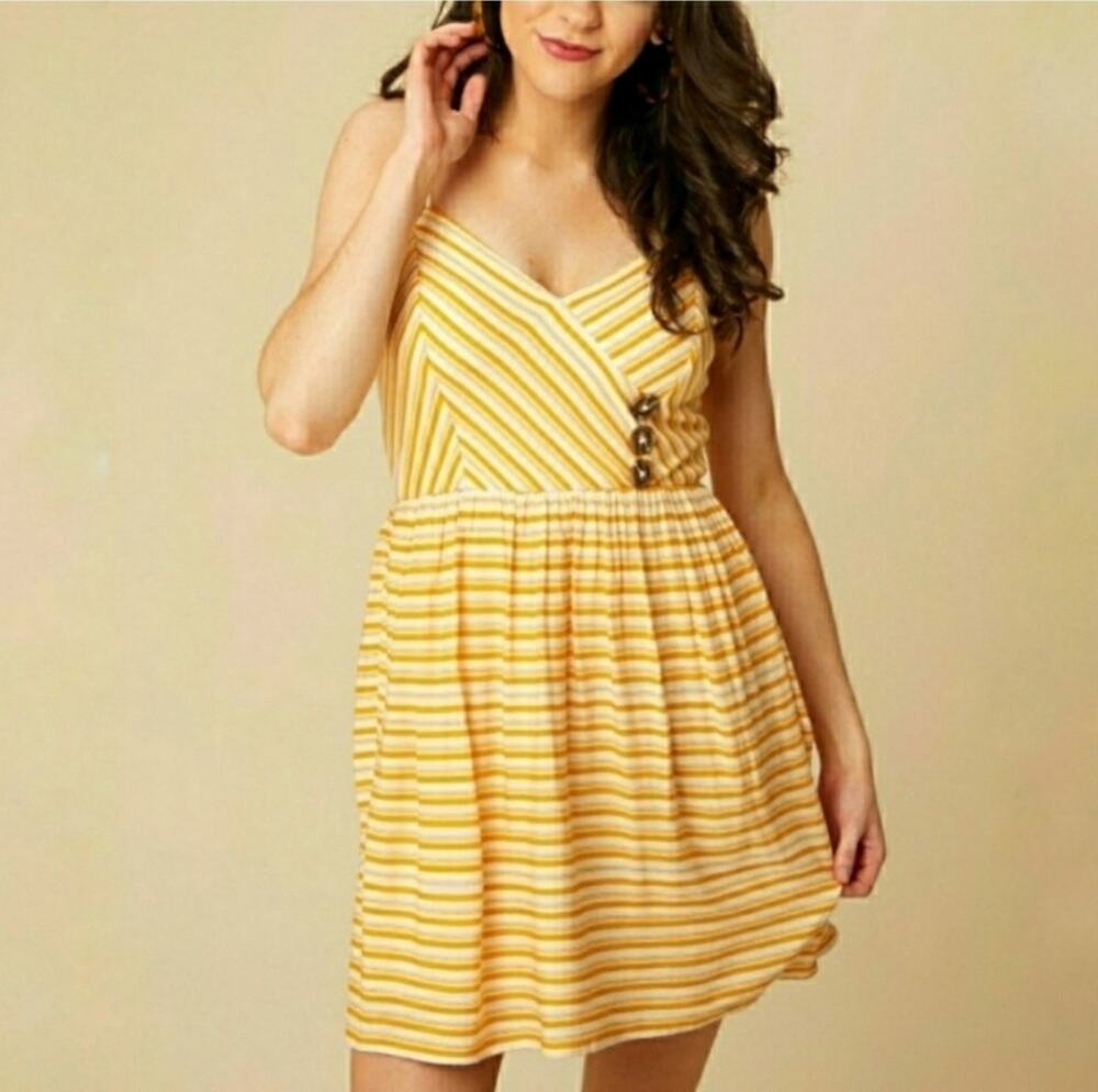 Altar'd State By Anthro Mini Dress V-Neckline Button White Yellow Stripes Sz S